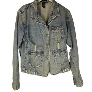 Rampage Y2K distressed denim jean button front fitted blazer jacket